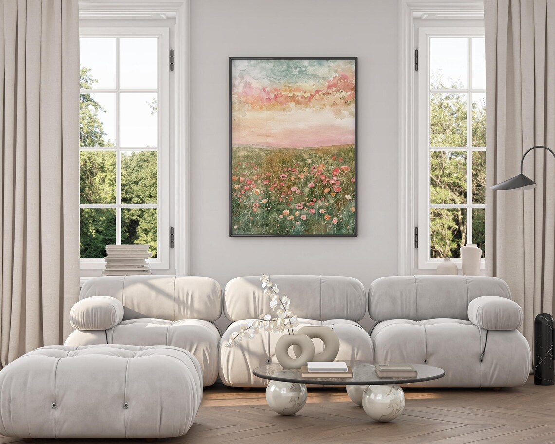 Wildflower Meadow Sunrise Soft Pastel Watercolor Botanical Poster - Image 4