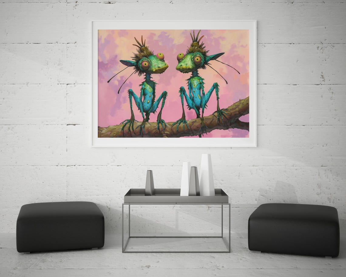 Whimsical Green Goblin Creatures on Branch Fantasy Art Poster - Image 4