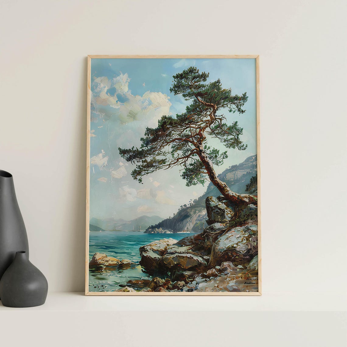 Lone Pine Tree Leaning Over a Rocky Seaside Cliff Art Poster