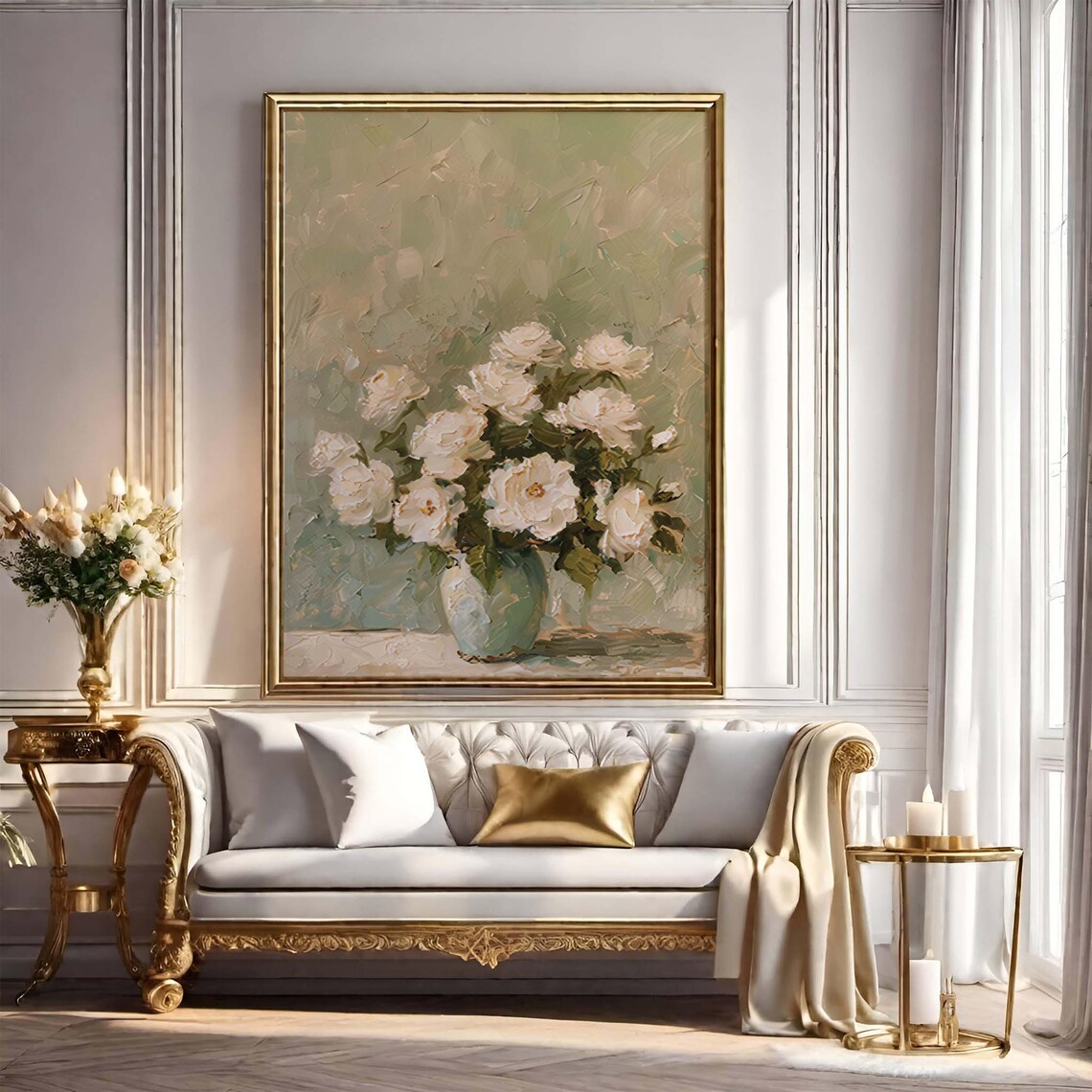 White Roses in a Green Vase Impressionist Oil Painting Poster - Image 4