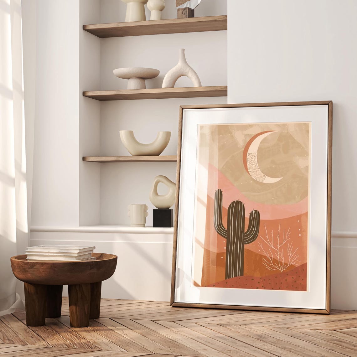 Saguaro Cactus Under a Crescent Moon in Terracotta Desert Poster - Image 5