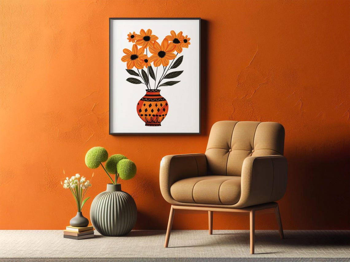 Bold Orange Daisies in a Patterned Terracotta Vase Boho Poster - Image 2