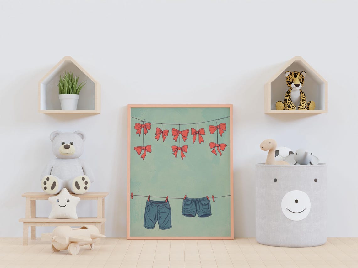 Red Bows and Denim Shorts Hanging on a Clothesline Kids Art Poster