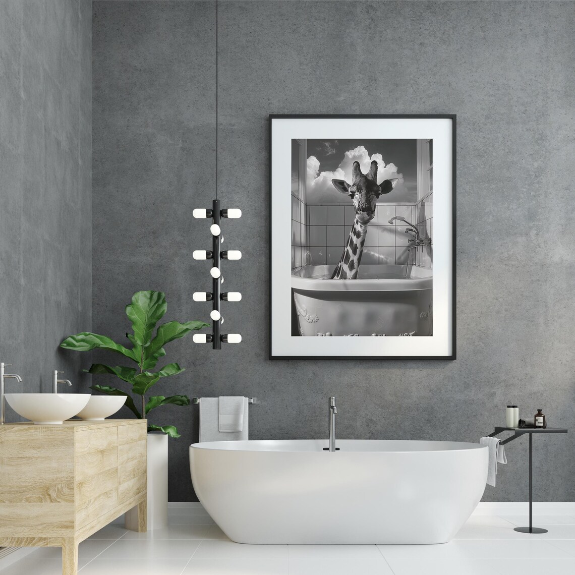 Funny Giraffe Soaking in Vintage Clawfoot Bathtub Black White Photo Poster - Image 5