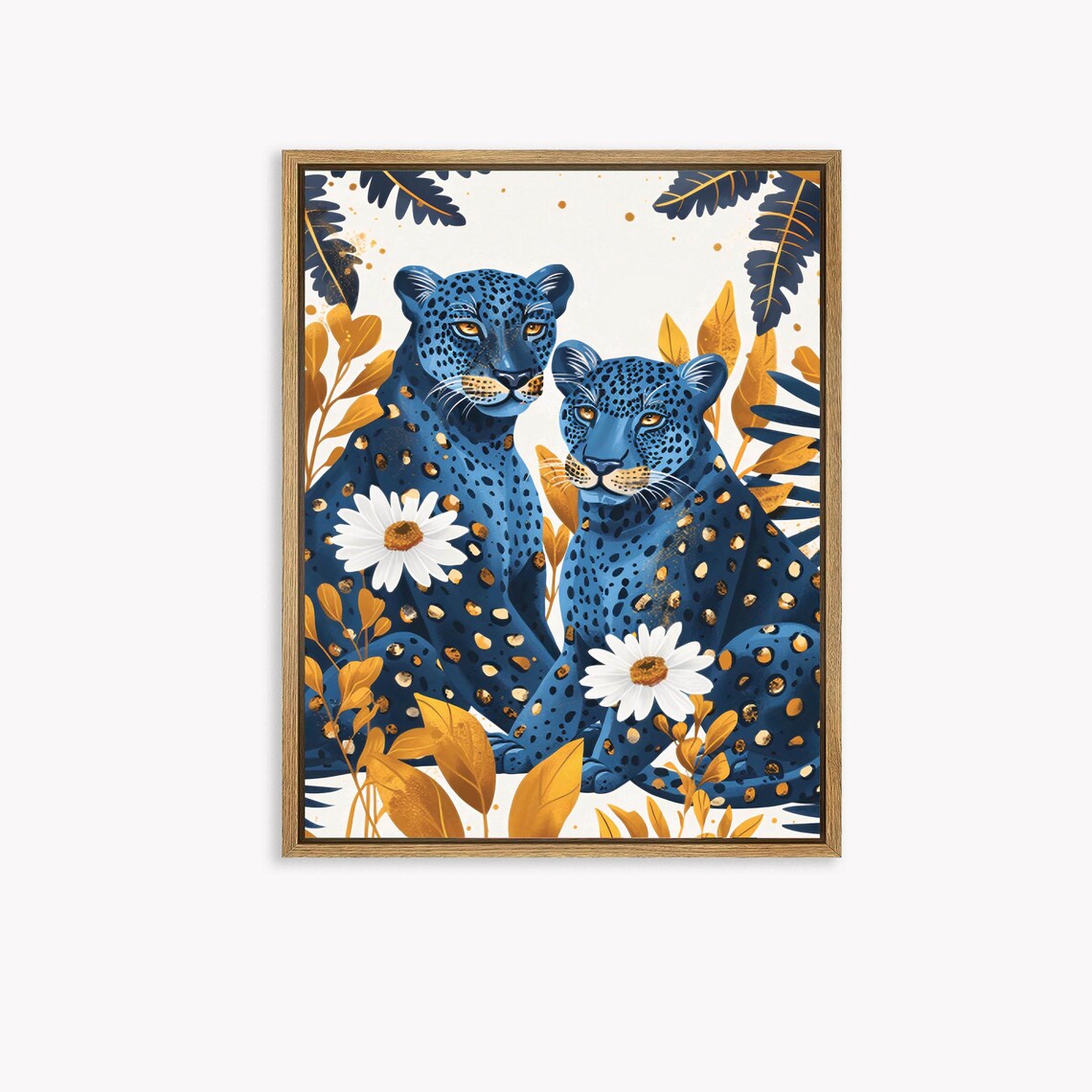 Two Dark Blue Leopards With White Daisies and Gold Leaves Poster