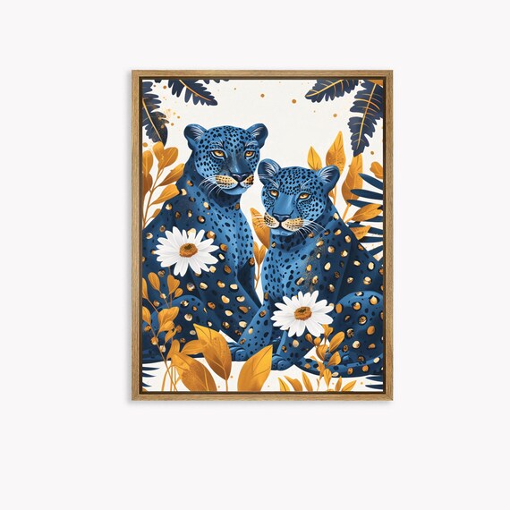 Two Dark Blue Leopards With White Daisies and Gold Leaves Poster