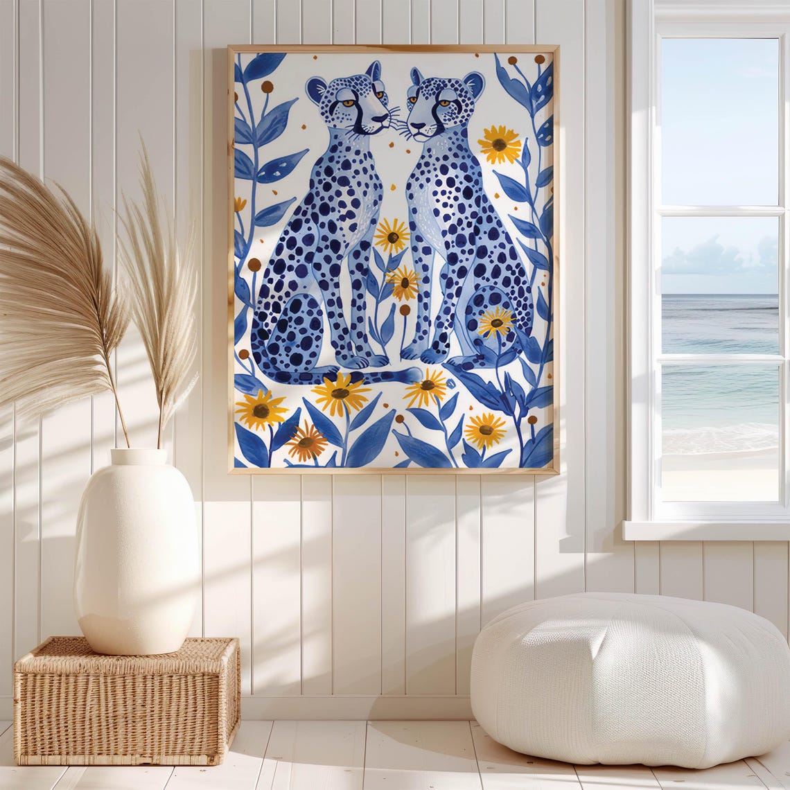 Two Light Blue Leopards Facing Each Other Among Daisies Poster - Image 3