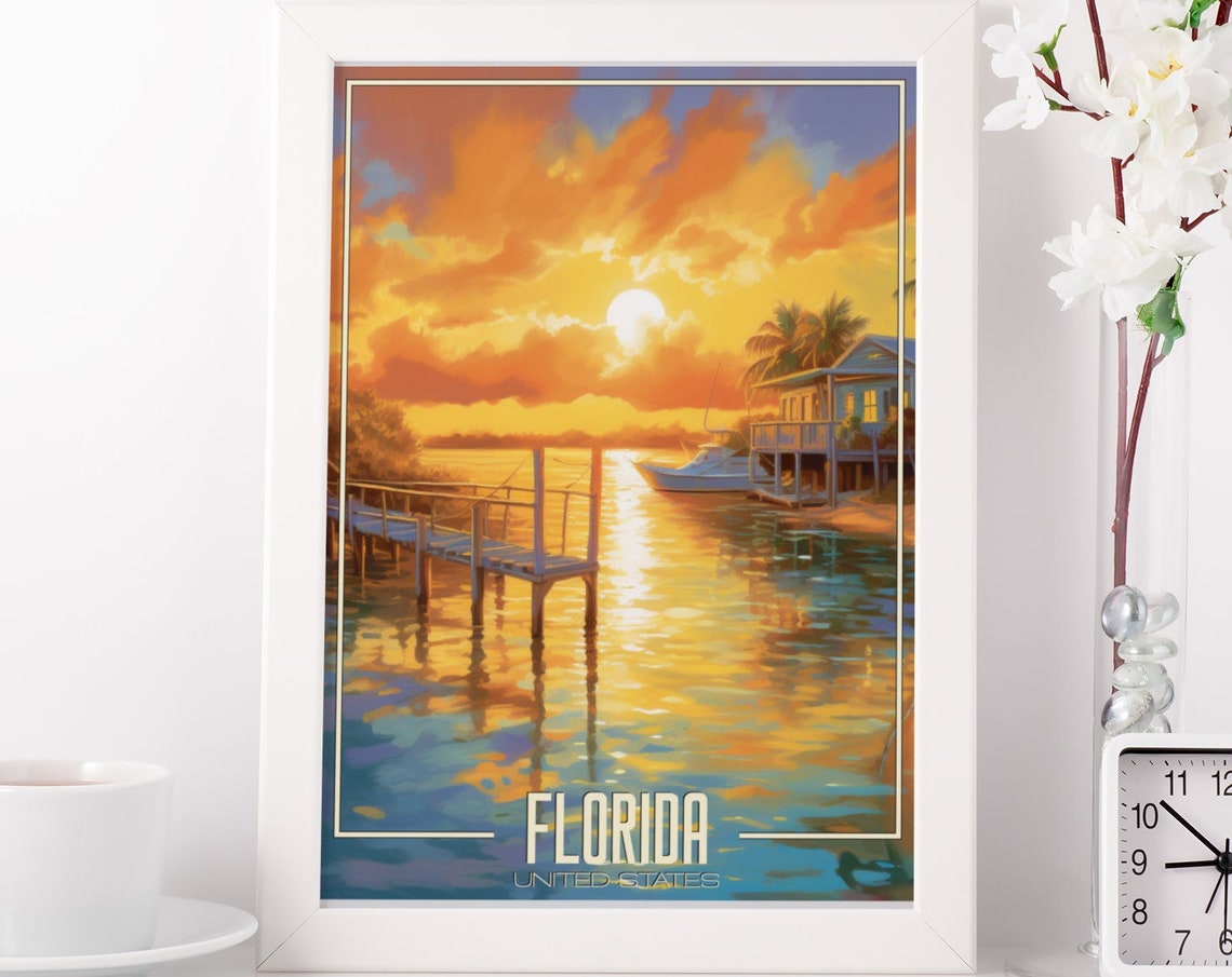 Florida Sunset Pier Palm Trees Overwater House Travel Poster