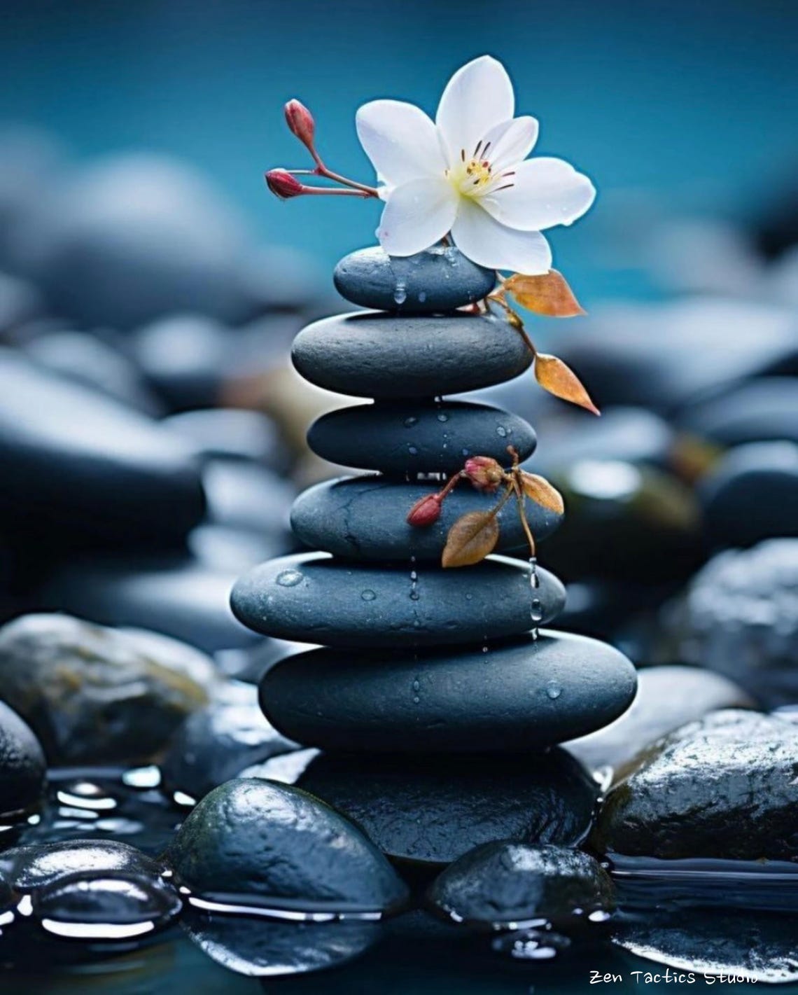 Balanced Zen Stone Cairn Crowned With White Flower Photo Poster