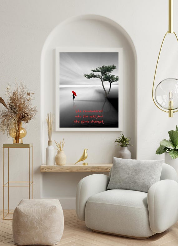 She Remembered Who She Was Quote Red Umbrella Woman Silhouette Poster
