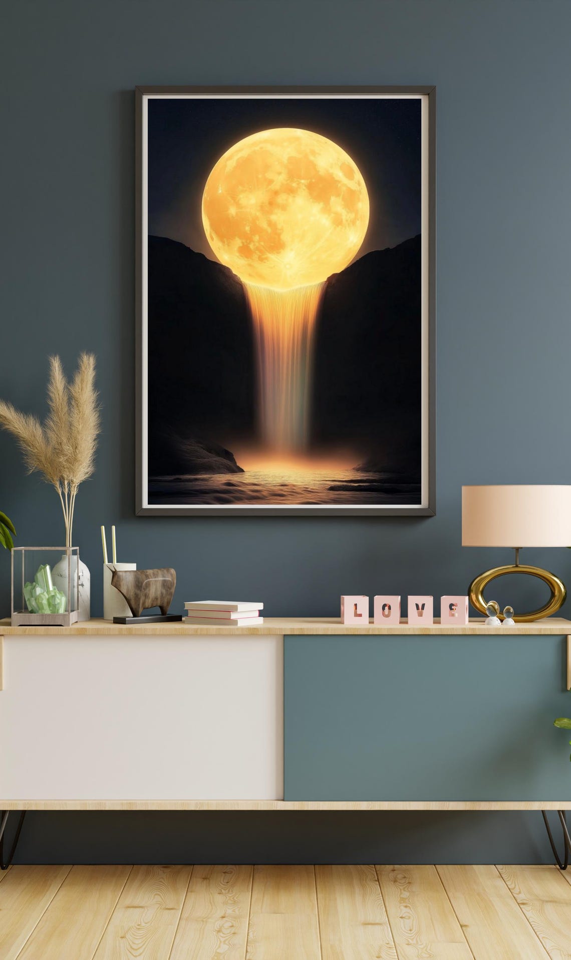 Giant Golden Moon Pouring Light Like Waterfall Surreal Art Poster