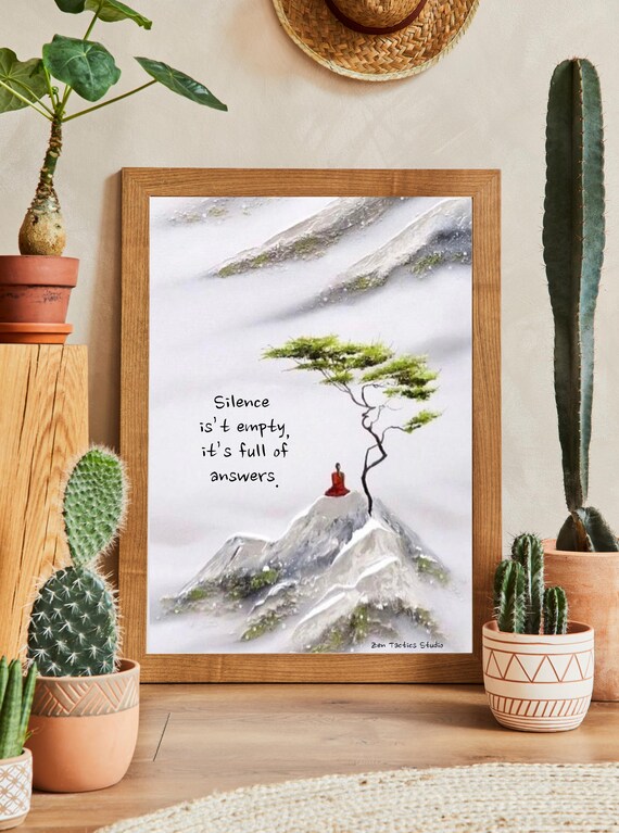Silence Is Not Empty Meditating Monk Mountain Tree Zen Quote Poster