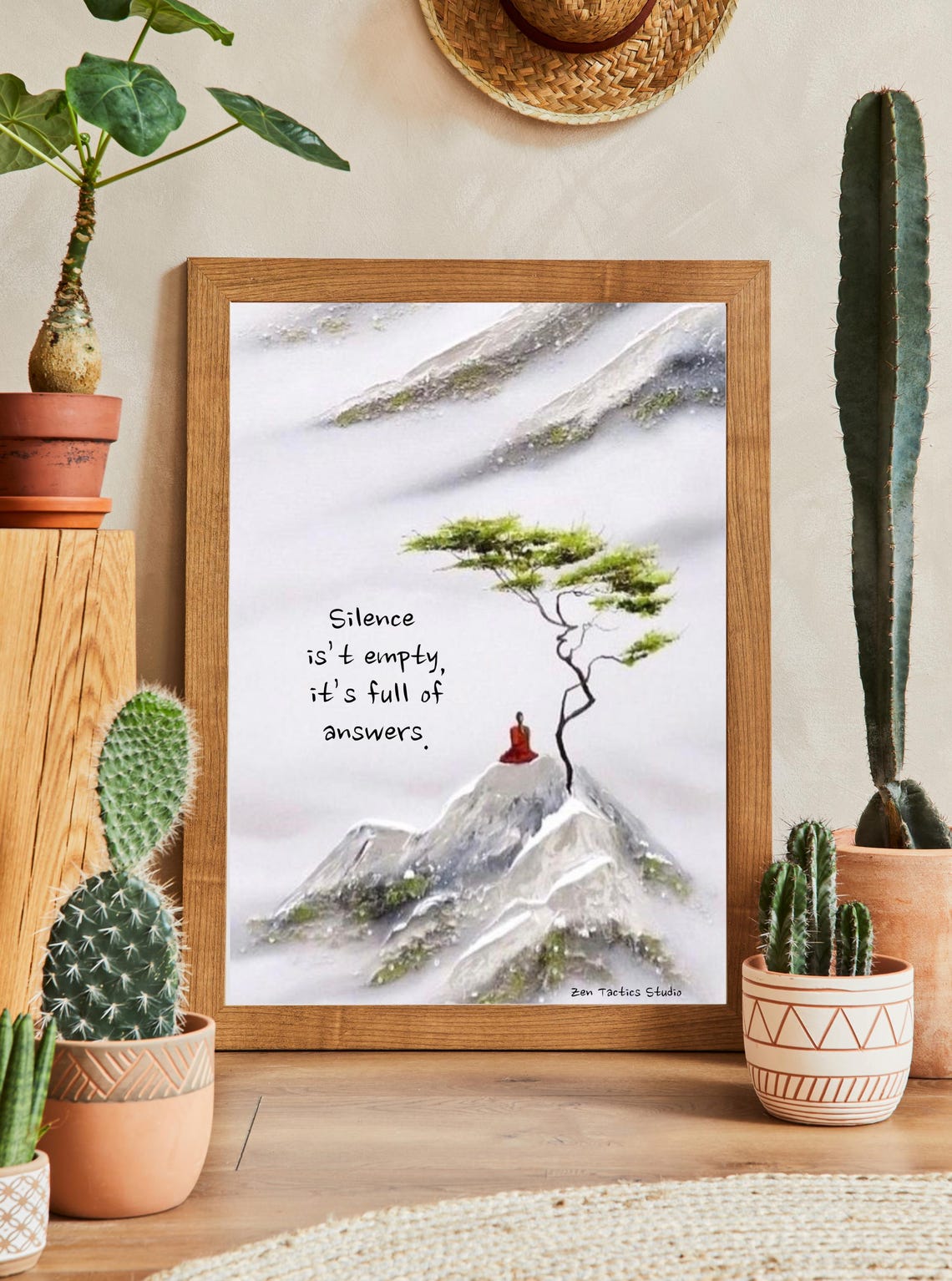 Silence Is Not Empty Meditating Monk Mountain Tree Zen Quote Poster