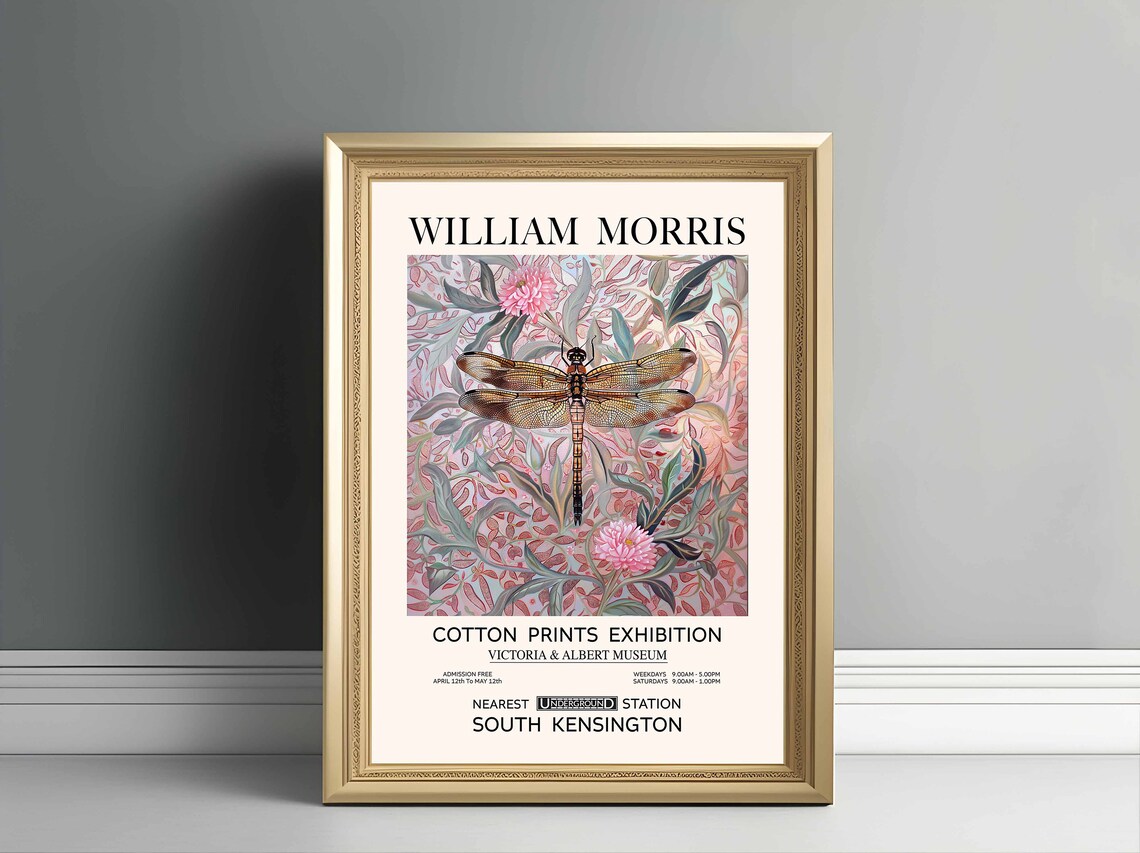 William Morris Pink Dragonfly Vintage Floral Art Print