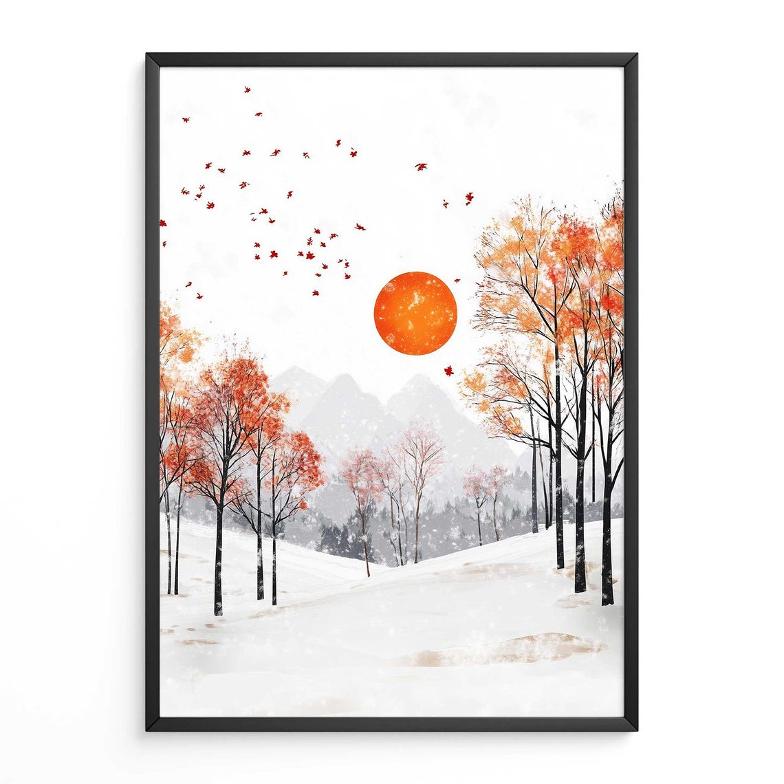 Winter Snow Hills Red Sun Falling Leaves Minimalist Nature Art Poster