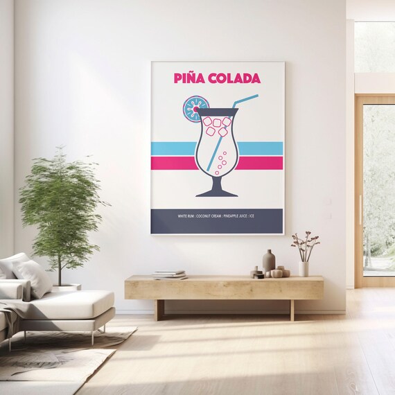 Pina Colada Cocktail Recipe Retro Tiki Bar Kitchen Decor Poster