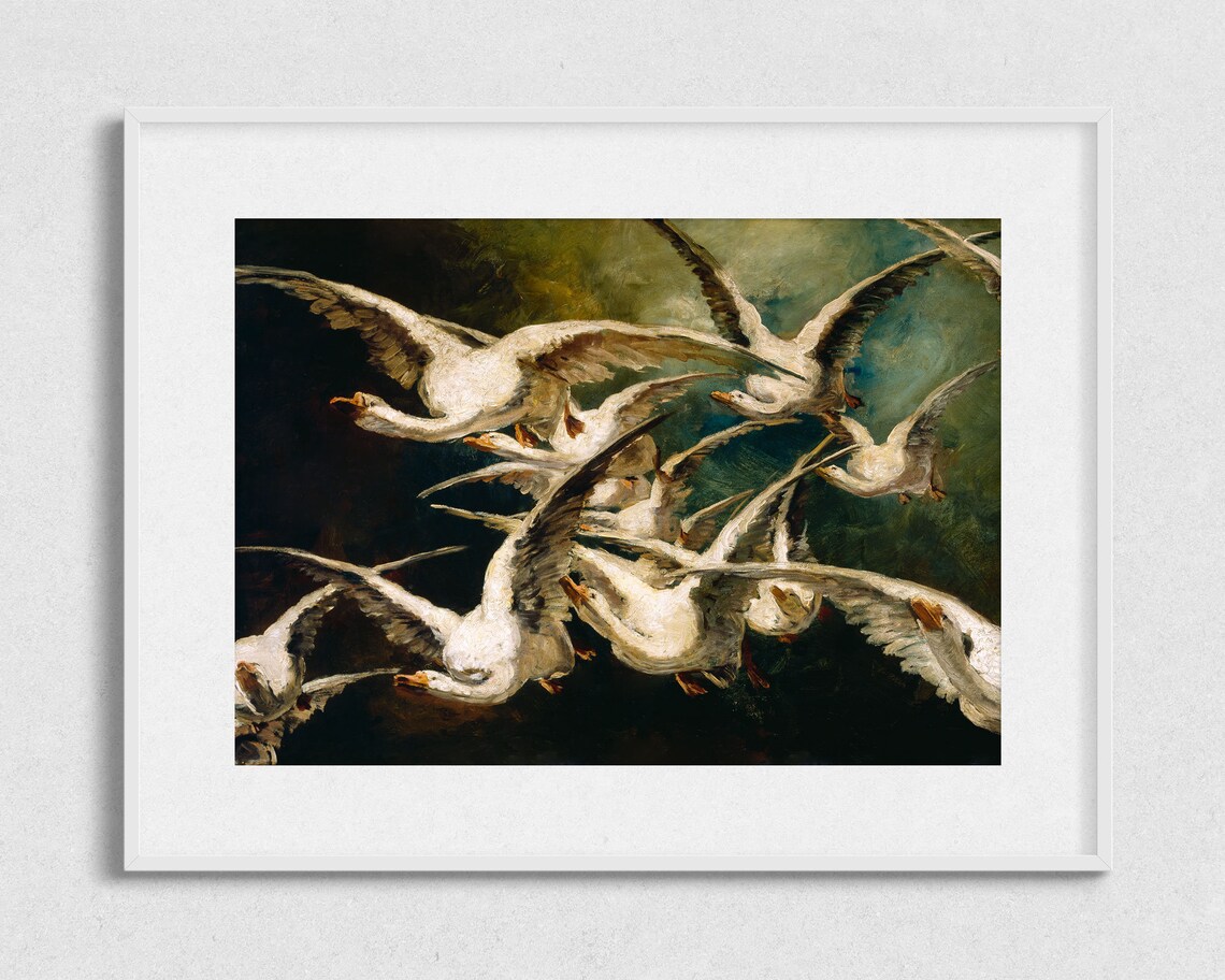 White Geese In Flight Vintage Panoramic Wildlife Oil Painting Wall Art - Image 2