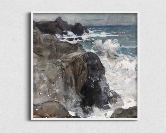 Rocky Shore Watercolor Study Waves Crashing Craggy Rocks Square Art Poster