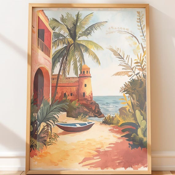 Mediterranean Villa Art Print Coastal Travel Illustration