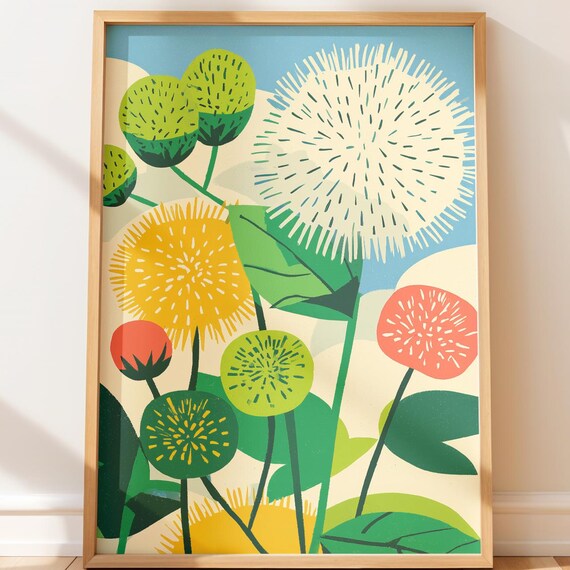 Stylized Dandelion Blooms Cool Geometric Modern Botanical Wall Art