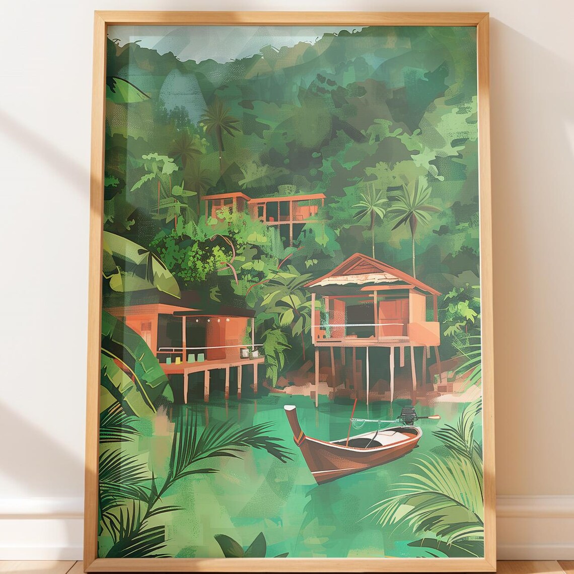 Thai Stilt Houses Over Jungle Water Tropical Travel Art Poster