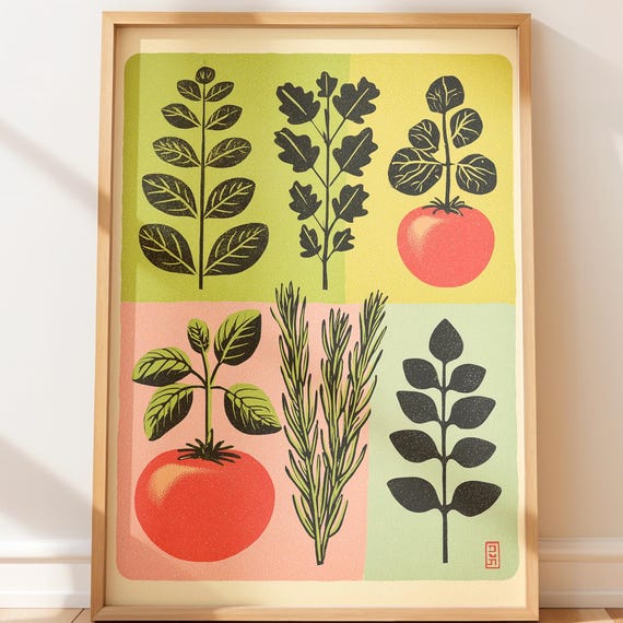 Retro Modern Kitchen Art Culinary Herbs Print Cozy Farmhouse Wall Decor Rosemary Basil Thyme Oregano Mid Century Illustration