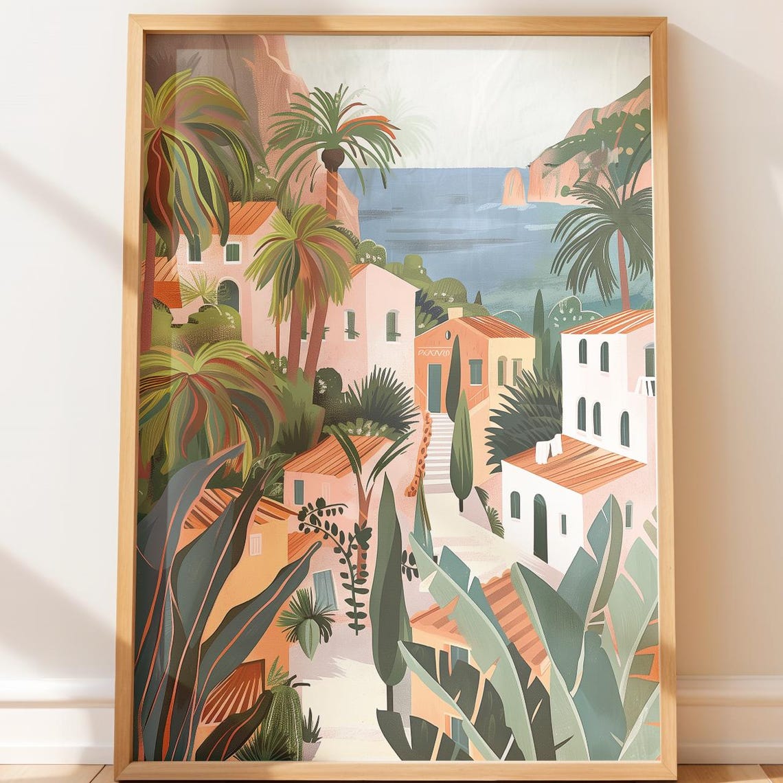 Mediterranean Village Coast Palms Sunny Summer Holiday Art Print
