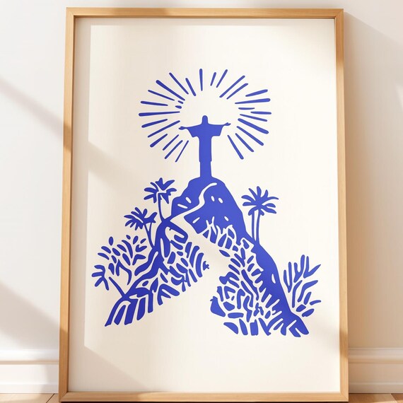 Christ the Redeemer Rio Blue Poster Silhouette Statue Sunburst Travel Art