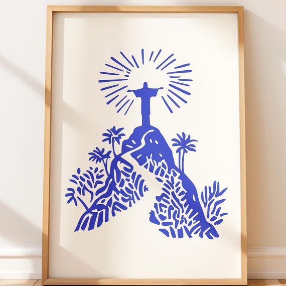 Rio Travel Poster Print Blue Christ The Redeemer Wall Art Brazil Illustration Minimalist City Decor Modern Line