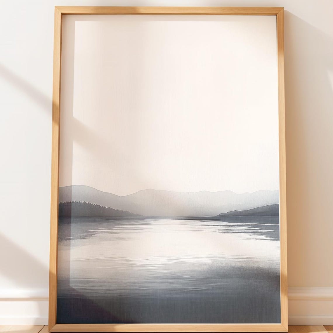 Misty Coastal Landscape Poster Calm Grey Lake And Mountain View