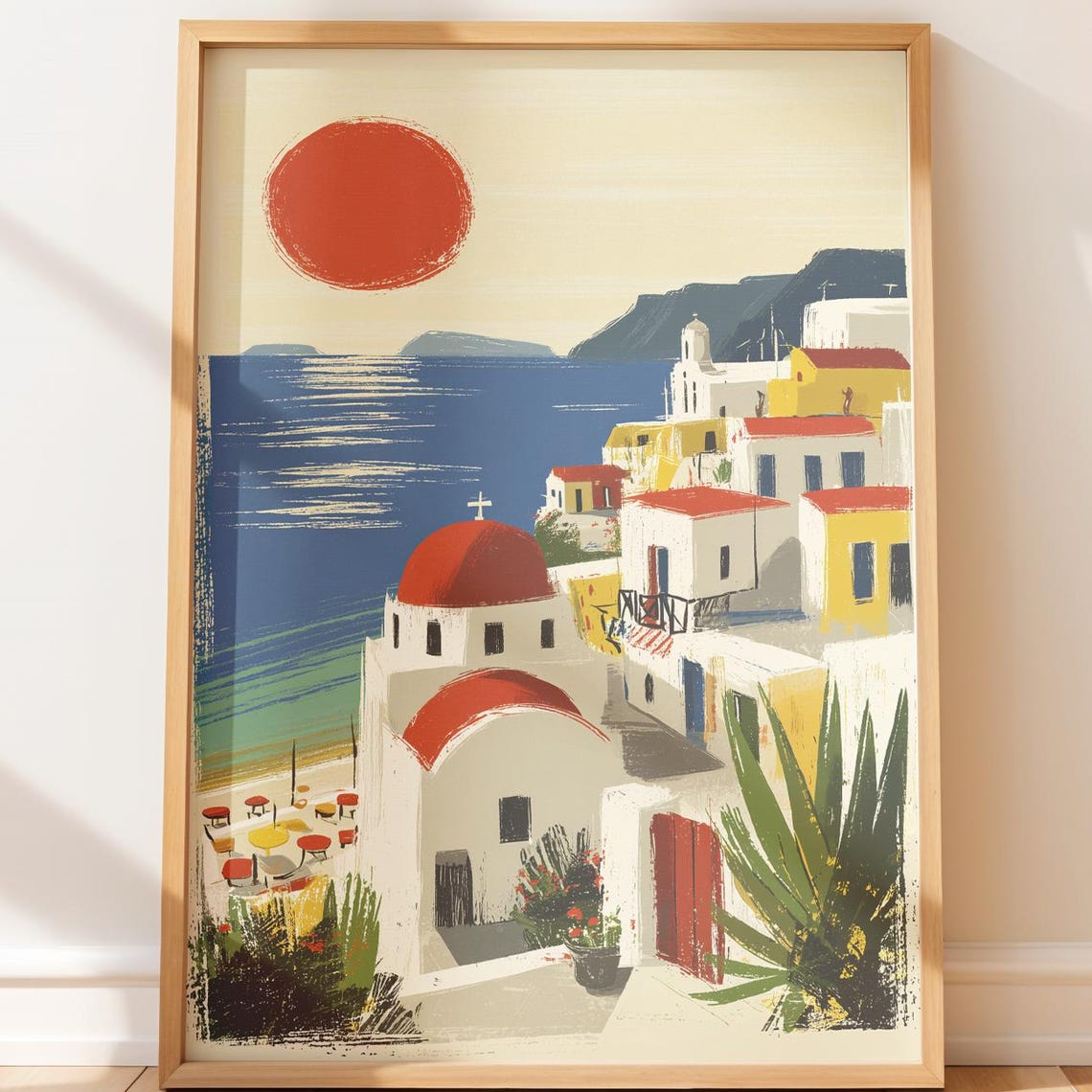 Aegean Greek Island Sunset Whitewashed Red Dome Coastal Poster