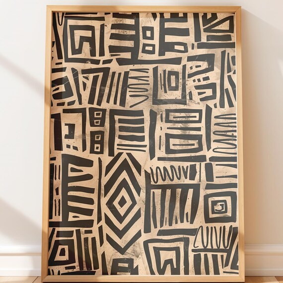 Rustic Geometric Pattern Art Tribalinspired Boho Decor Earthy Style Abstract Print Handmade Blockprint Design