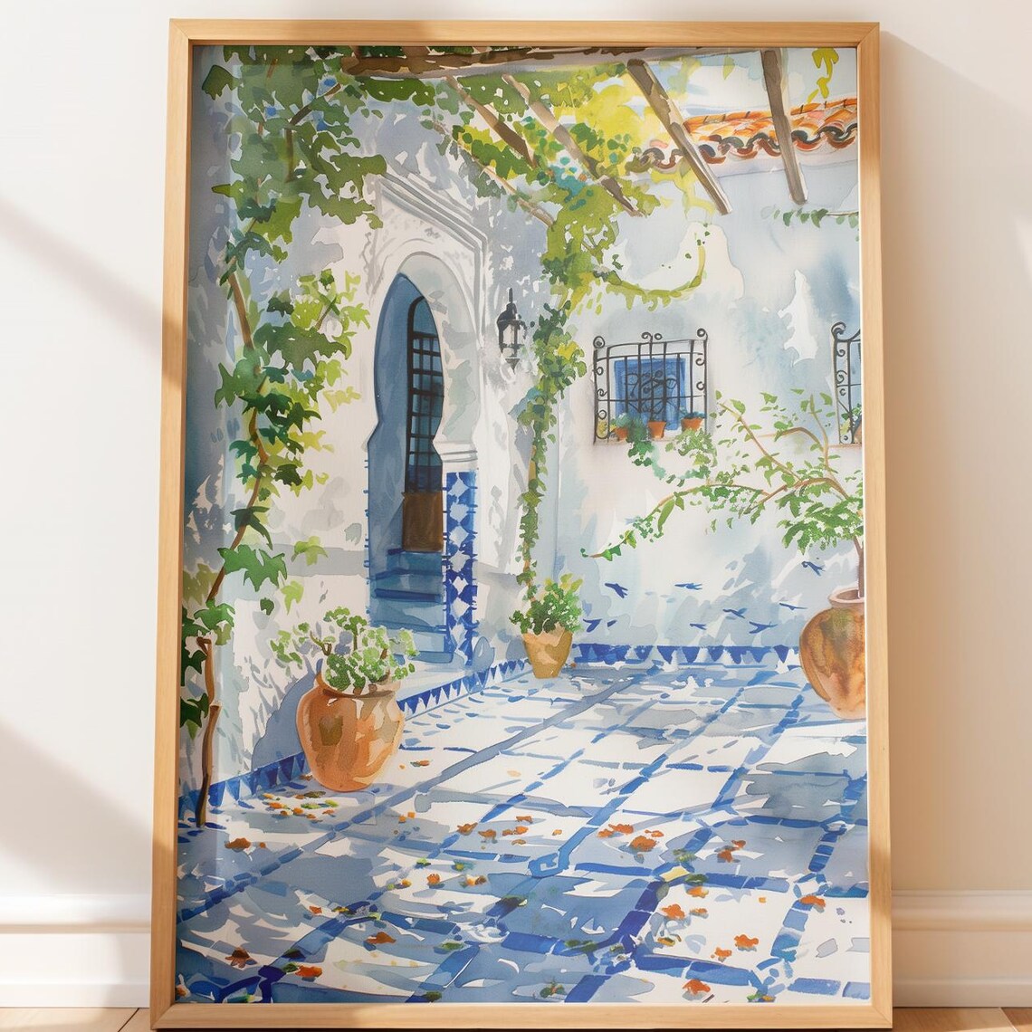 Mediterranean Courtyard Blue Tiles Climbing Vines Watercolor Poster
