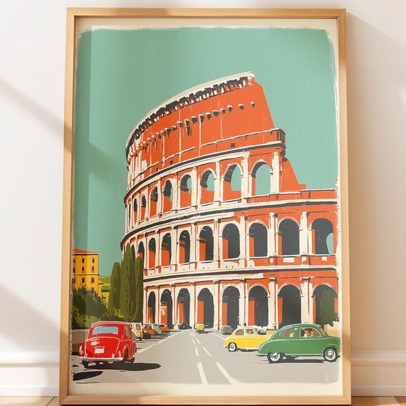 Vintage Colosseum Wall Art Retro Mediterranean Scene Warm Evening Glow Cozy Travel Poster Decor