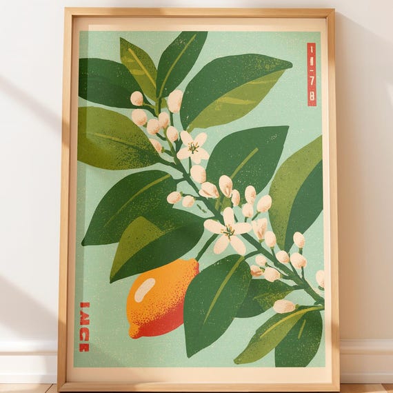 Lemon Branch Art Print Retro Botanical Wall Decor