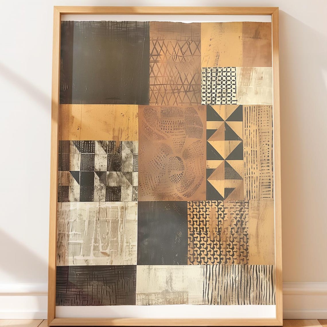 Earthy Tribal Collage Geometric Patchwork Boho Abstract Wall Art