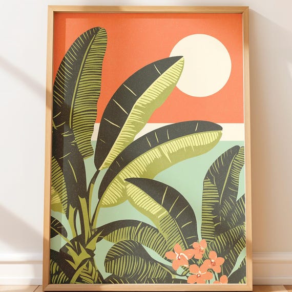 Tropical Botanical Print Lush Bali Plants With Banana Leaves And Orchids Bright Wall Art Modern Decor Mid Century Illustration