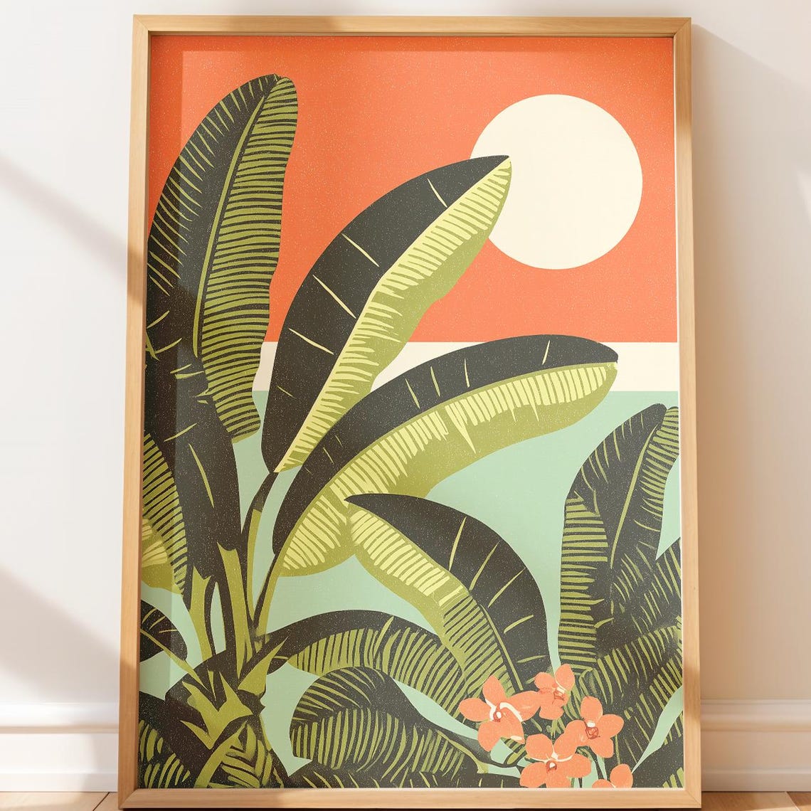 Exotic Tropical Banana Leaves Retro Sunset Botanical Decor Poster