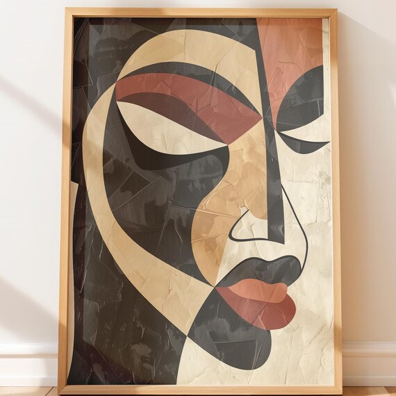 Cubist Portrait Abstract Face Neutral Earthy Geometric Dark Art Poster