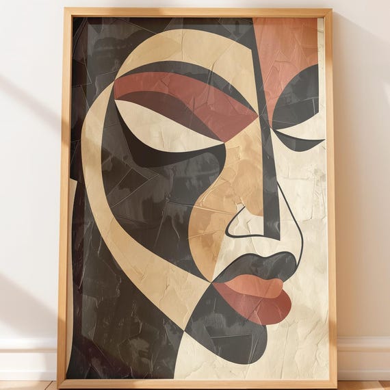 Cubist Portrait Wall Art Modern Abstract Face Neutral Earthy Colors Rustic Minimalist Decor African