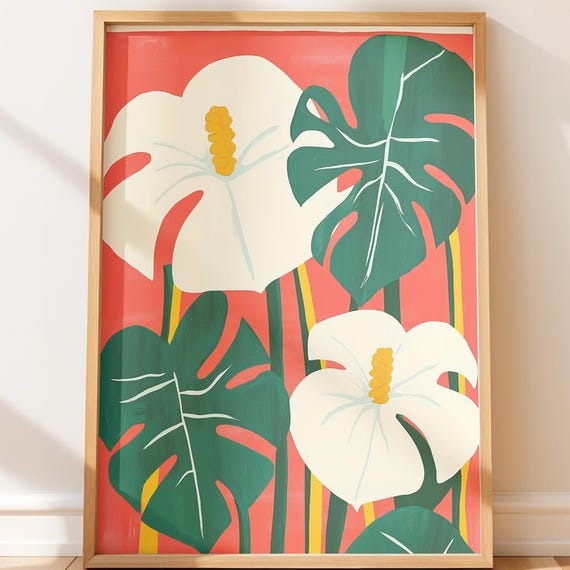 Tropical Monstera And Hibiscus Art Bold Midcentury Floral Wall Decor Emerald Foliage On Coral Botanical Retro Illustration