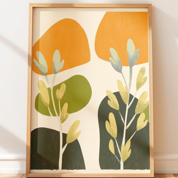 Modern Minimalist Botanical Leaf Shapes Orange Green Art Poster