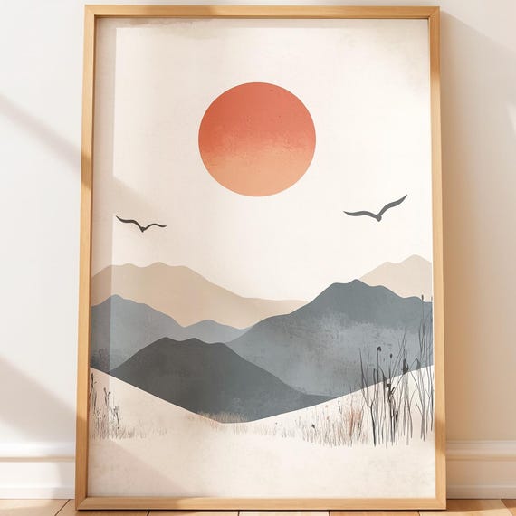 Minimalist Sunrise Abstract Landscape Art Print Modern Scandinavian Wall