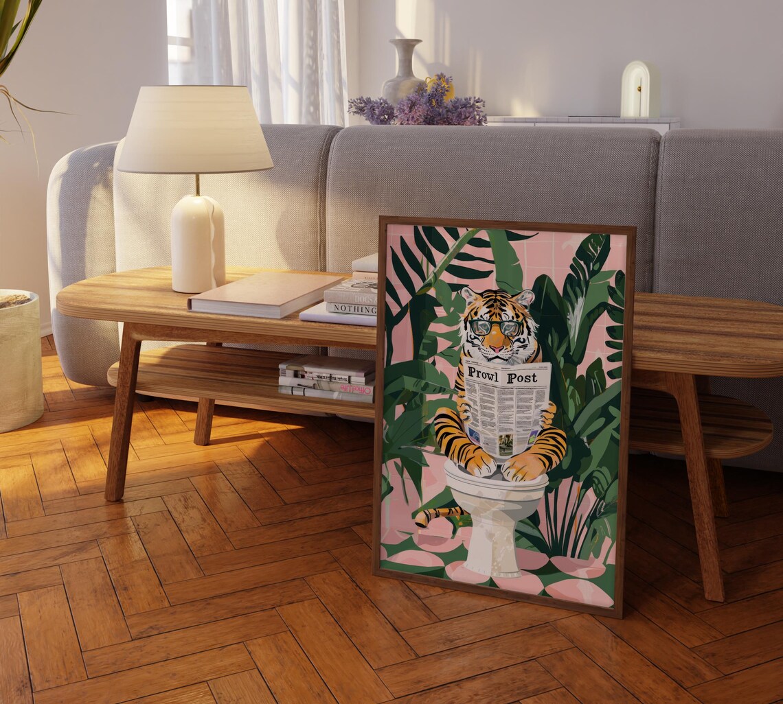 Green Glasses Tiger Reading Prowl Post On Toilet Jungle Funny Poster - Image 2