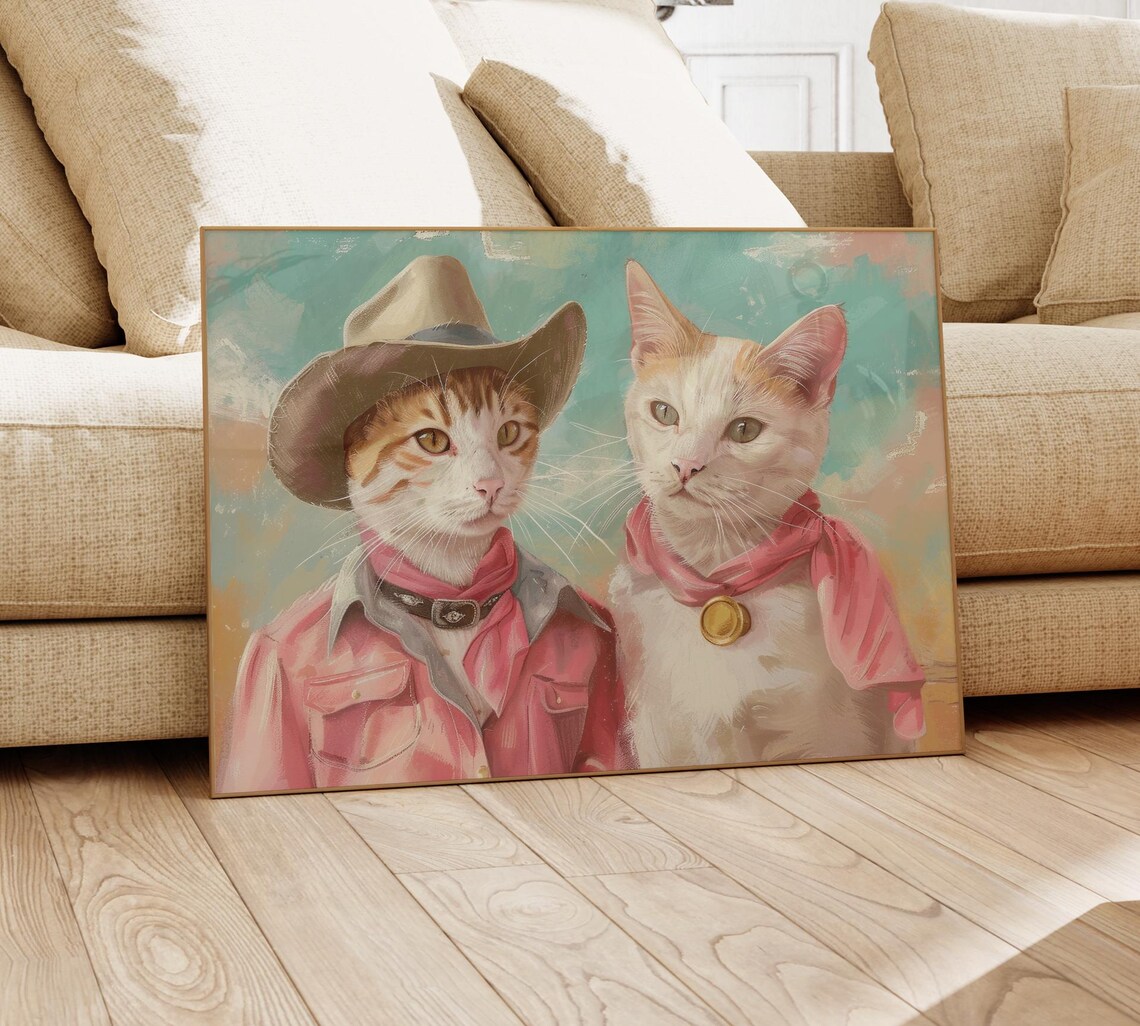 Cowboy Cats in Pink Western Shirts and Cowboy Hats Painting Poster - Image 4