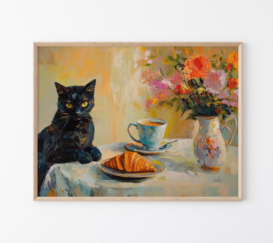 Cafe Croissant Cat Oil Painting Print, Kitchen Poster