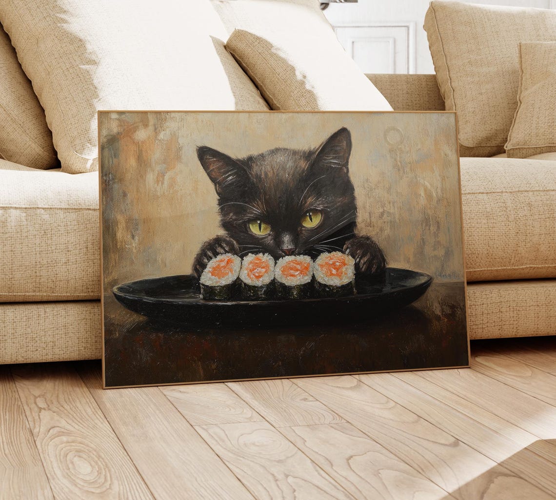 Black Cat Sushi Oil Painting Print Tokyo Art Print Oishii Cat Print Delicious Japanese Food Art Kitchen Wall Art Sushi Art Bcs8 - Image 4