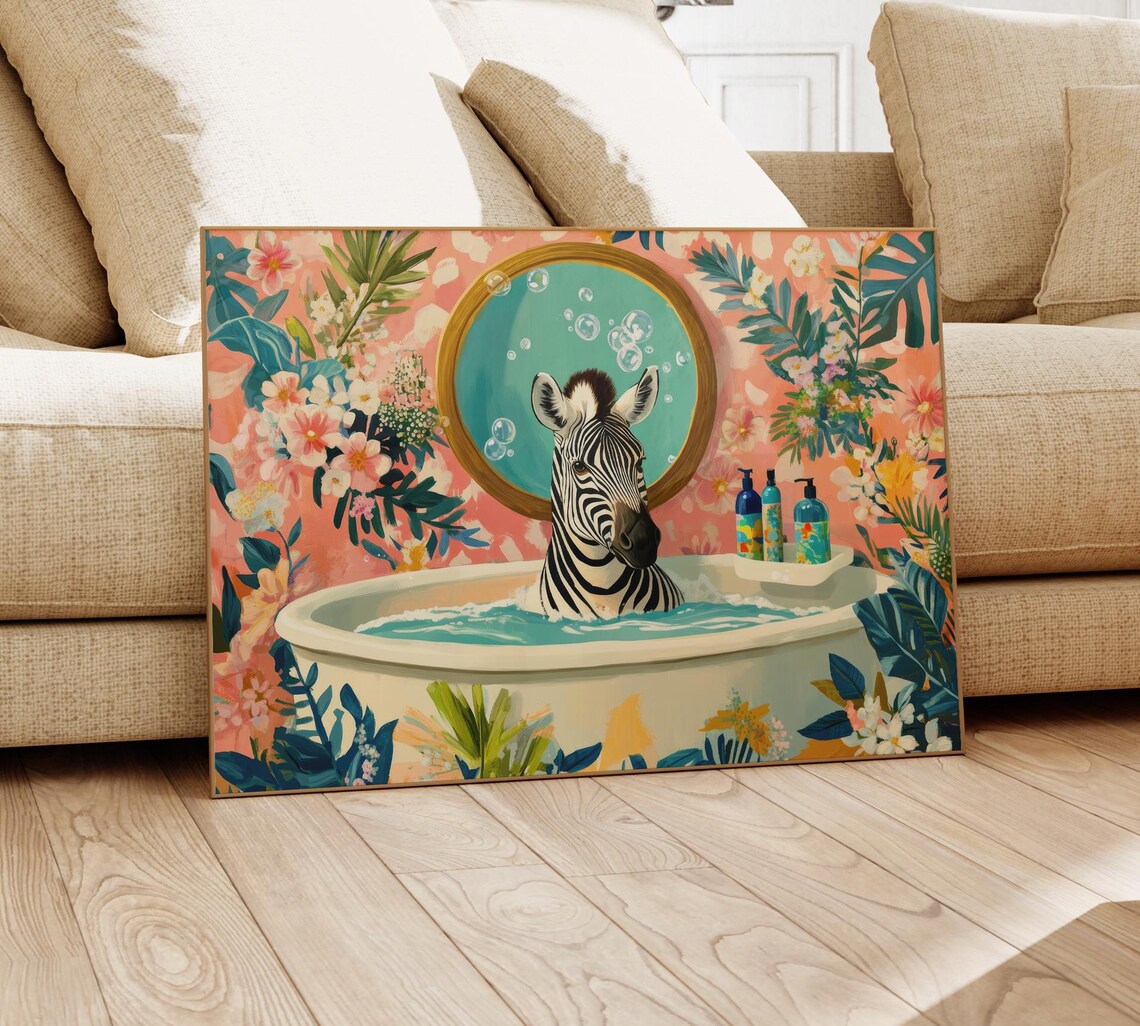 Zebra in a Bubble Bath With Teal Mirror Floral Bathroom Poster - Image 4