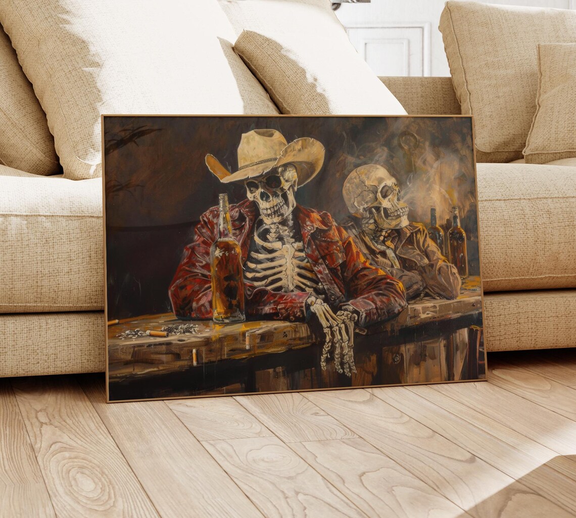 Skeleton Cowboy In A Bar Oil Painting Print - Image 4