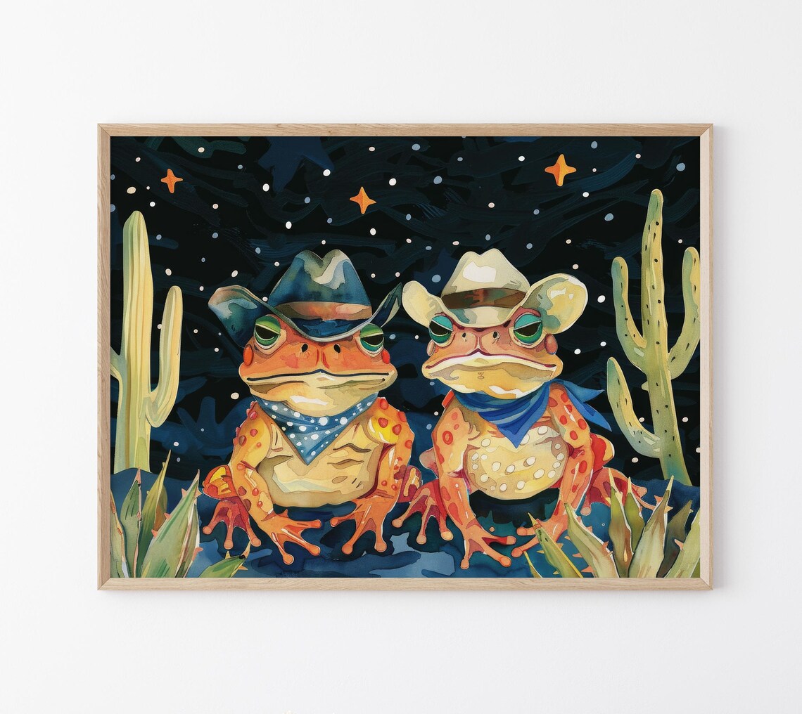 Cowboy Frogs Oil Painting Poster with Toads in Starry Desert Night